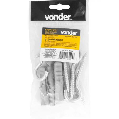 Gancho 4,8 x 70 mm com bucha de nylon 10 mm G-10 c/ 6 pe�as