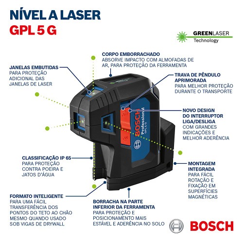 Nível a laser verde 5 pontos alcance 30 metros - GPL 5 G Nível a laser verde 5 pontos alcance 30 metros - GPL 5 G