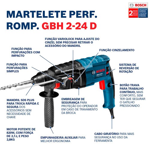 Martelete Perfurador Rompedor 820W 2,7 joules com 5 brocas Sds Plus GBH2-24D 220V Martelete Perfurador Rompedor 820W 2,7 joules com 5 brocas Sds Plus GBH2-24D 220V