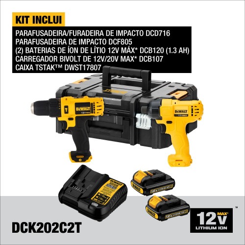 Combo Furadeira Parafusadeira de impacto DCD716 + Parafusadeira de impacto DCF805 12V - DCK202C2T-BR 110V/220V Combo Furadeira Parafusadeira de impacto DCD716 + Parafusadeira de impacto DCF805 12V - DCK202C2T-BR 110V/220V