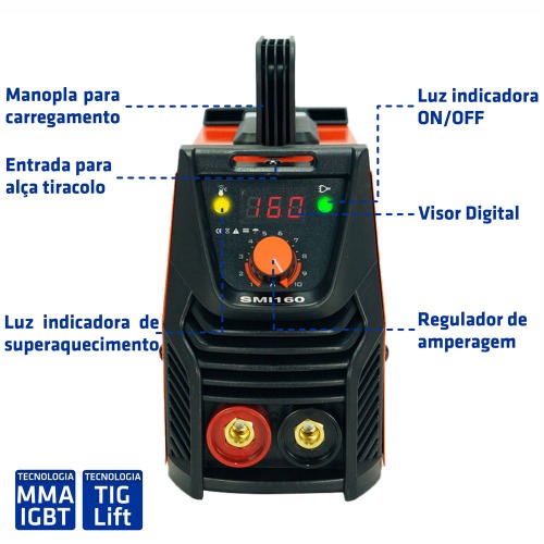 Inversora de solda painel digital 160A para eletrodo revestido e Tig - SMI160 220V Inversora de solda painel digital 160A para eletrodo revestido e Tig - SMI160 220V