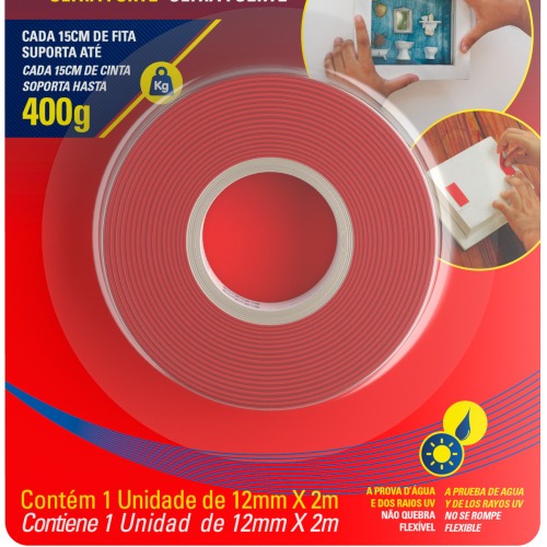 Fita dupla face acrlica 12 mm x 2 m uso externo - Fixa Tudo