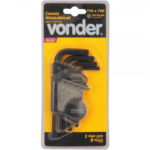 Jogo de chave hexalobular t-10 a t-50 a�o cromo van�dio com 9 pe�as