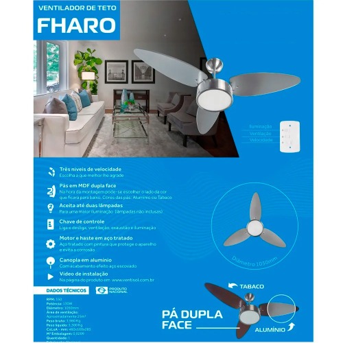 Ventilador de teto 3 pás em mdf dupla face - Fharo 110V Ventilador de teto 3 pás em mdf dupla face - Fharo 110V
