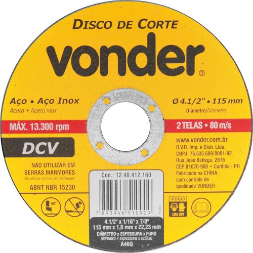 Disco de corte 115,0 x 1,6 x 22,23 mm - DCV