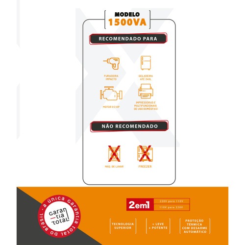 Transformador de voltagem 1500 VA tomada tripolar 10A bivolt - Tecno  110V/220V