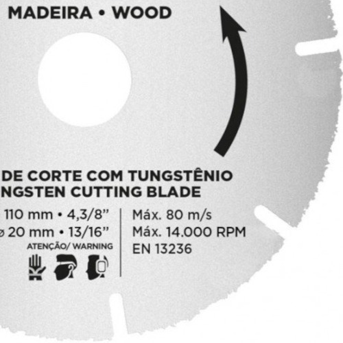 Disco de corte para madeira em tungstnio 110 x 20 mm - 61346