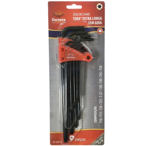 Jogo de chave hexalobular longa T10 a T50 com 9 peas