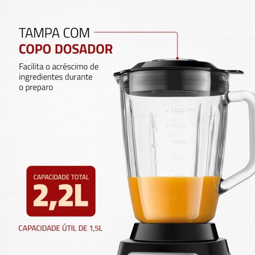Liquidificador 12 velocidades 1400W Turbo Glass com copo de vidro - L1400-GI  110V