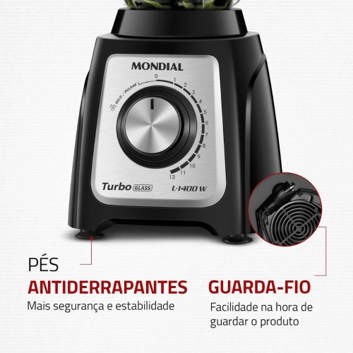 Liquidificador 12 velocidades 1400W Turbo Glass com copo de vidro - L1400-GI  110V