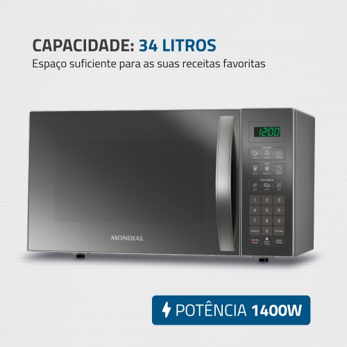 Micro-ondas 34 litros 1400W espelhado 10 nveis de potncia- MO-02-34-E  220V