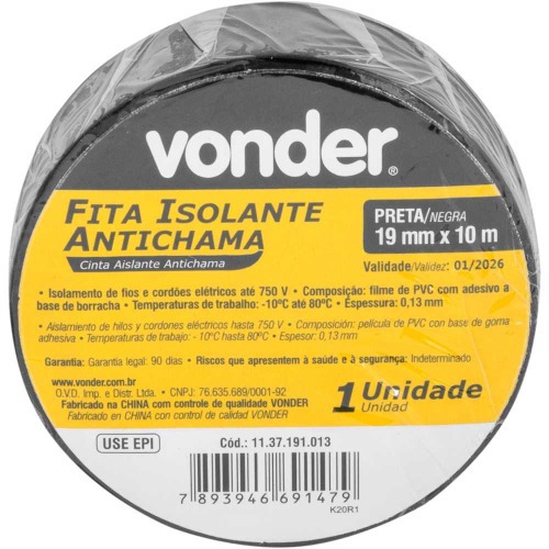 Fita isolante preta 19 mm x 10 m com 10 unidades 