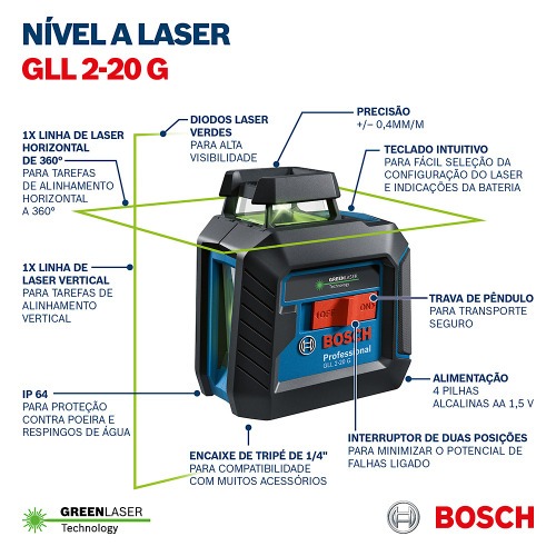 N�vel a laser com 2 linhas verdes 360� alcance 10 m com trip� - GLL 2-20 G