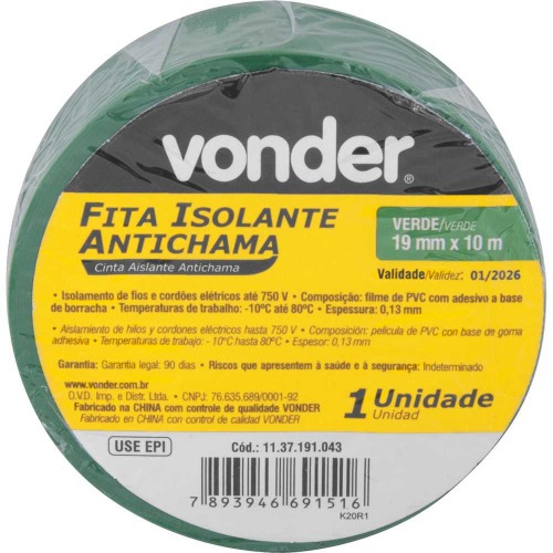 Fita isolante verde 19 mm x 10 m com 10 unidades