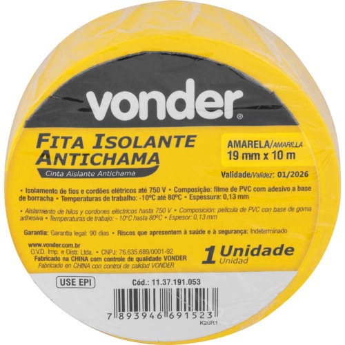 Fita isolante amarela 19 mm x 10 m com 10 unidades