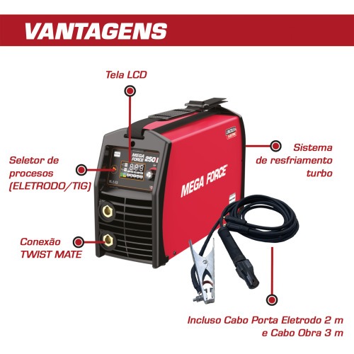 Inversora de solda 250A display Led para Eletrodo e Tig - Mega Force 250iD 110V/220V Inversora de solda 250A display Led para Eletrodo e Tig - Mega Force 250iD 110V/220V
