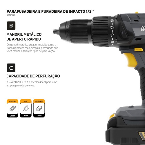 Combo Furadeira Parafusadeira de impacto K21 ID03 + Chave de impacto K21 CH01 21V - K21 KT01  110V/220V