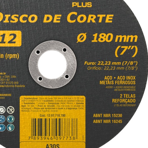 Disco de corte para metal 180 x 3,0 x 22,23 mm - VDR12