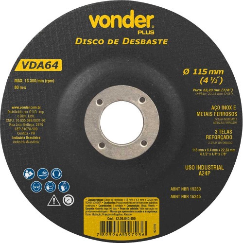 Disco de desbaste para metal 115 x 6,4  x 22,23 mm - VDA64