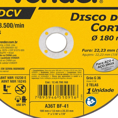 Disco de corte 180 x 1,6 x 22,23 mm