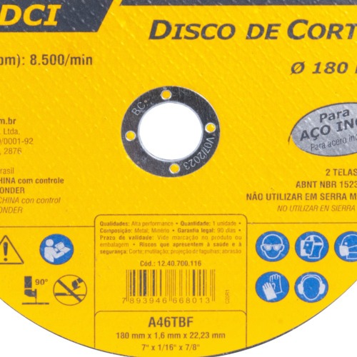 Disco de corte 180 x 1,6 x 22,23 mm DCI INOX Disco de corte 180 x 1,6 x 22,23 mm DCI INOX