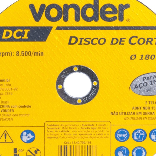 Disco de corte 180 x 1,6 x 22,23 mm DCI INOX Disco de corte 180 x 1,6 x 22,23 mm DCI INOX