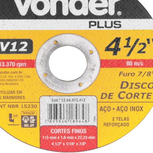 Disco de corte para metal e inox 115  x 1,6 x 22,23 mm - BNV12 