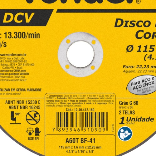 Disco de corte 115,0 x 1,6 x 22,23 mm - DCV