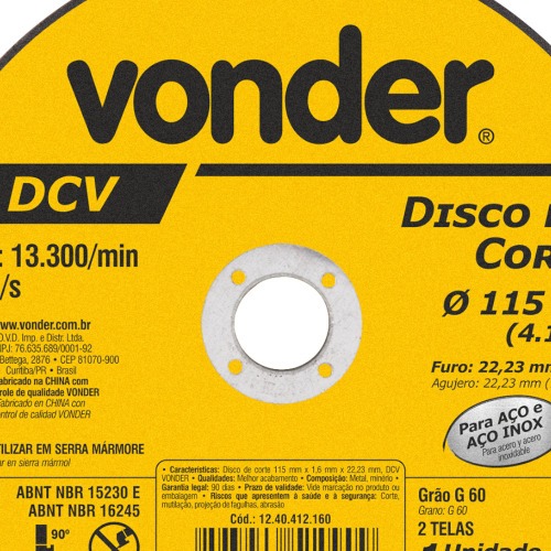 Disco de corte 115,0 x 1,6 x 22,23 mm - DCV