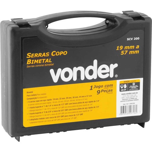 Jogo de serra copo bimetal 19 à 57 mm com 9 peças - SCV 200 Jogo de serra copo bimetal 19 à 57 mm com 9 peças - SCV 200