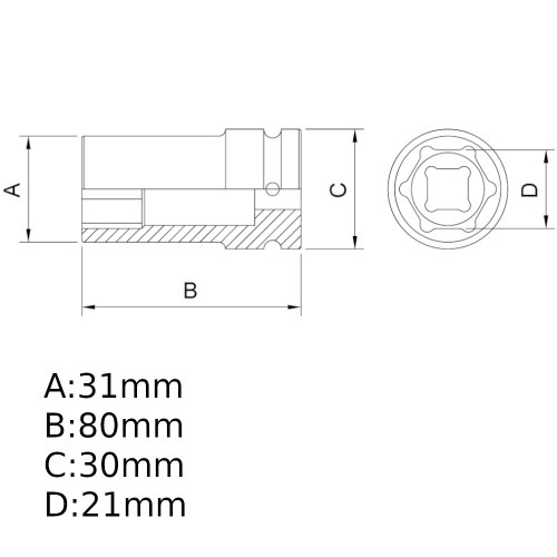 Soquete de impacto sextavado longo 21 mm encaixe 1/2