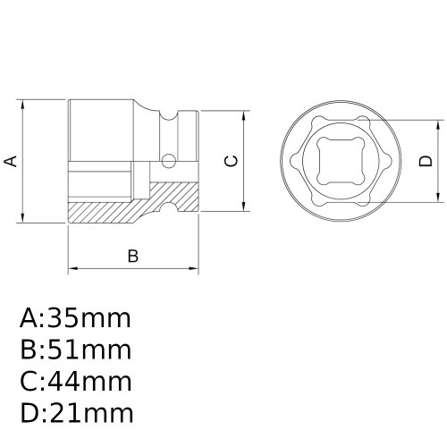 Soquete sextavado de impacto 21 mm encaixe 3/4