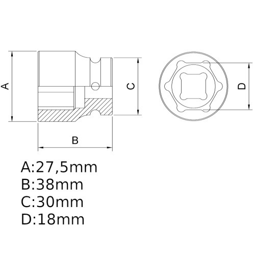 Soquete sextavado de impacto 18 mm encaixe 1/2