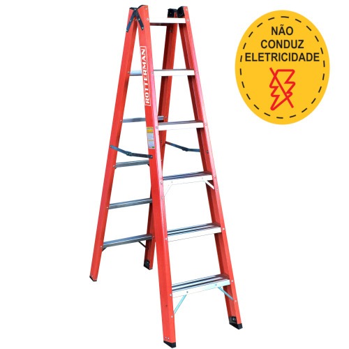 Escada tesoura dupla em fibra de vidro 6 degraus 1,80 m - Profissional Escada tesoura dupla em fibra de vidro 6 degraus 1,80 m - Profissional