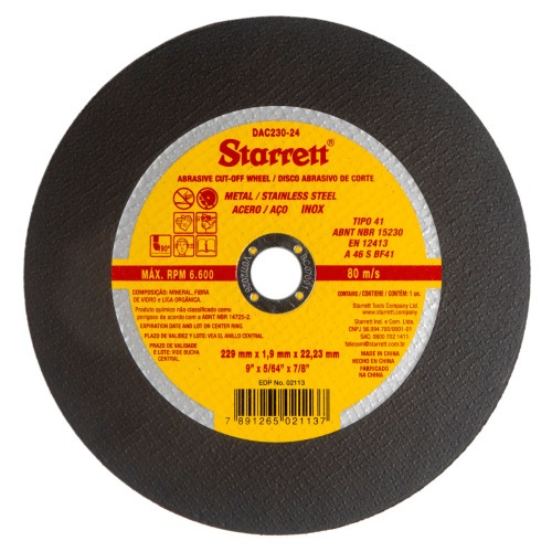 Disco de corte para metal e inox 230 x 1,9 x 22,23 mm DAC230-24