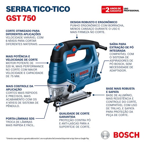 Serra tico tico 520W capacidade de corte 75 mm velocidade variável- GST 750 220V Serra tico tico 520W capacidade de corte 75 mm velocidade variável- GST 750 220V