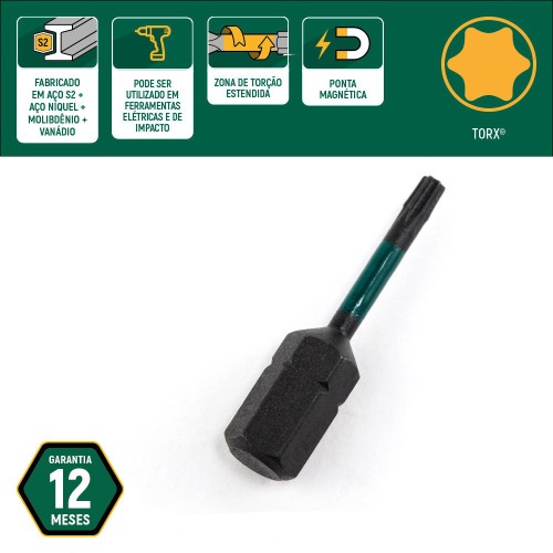 Jogo de bits de impacto hexalobular T25 x 29 mm encaixe 1/4