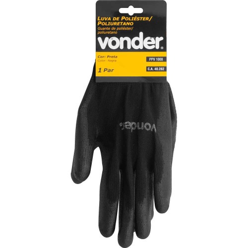 Luva de poli�ster preta com poliuretano tamanho 8 - PPV 1008