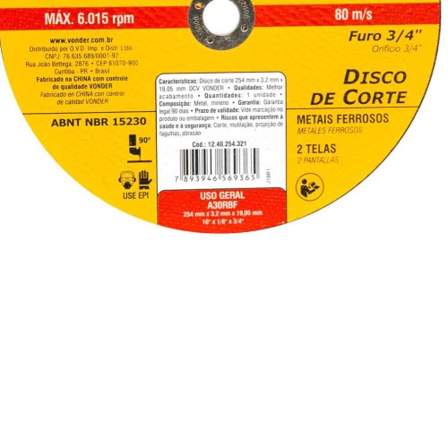 Disco de corte 254 x 3,2 x 19,05 mm - DCV Disco de corte 254 x 3,2 x 19,05 mm - DCV