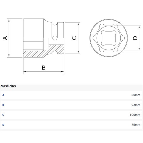 Soquete sextavado de impacto em ao cromo molibdnio 75 mm encaixe 1
