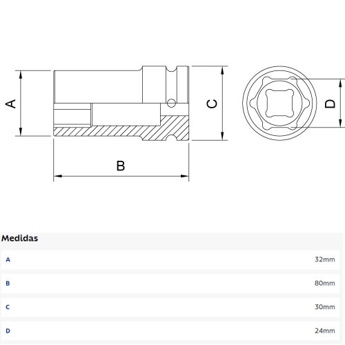 Soquete de impacto sextavado longo Aço cromo 24 mm 1/2 Soquete de impacto sextavado longo Aço cromo 24 mm 1/2