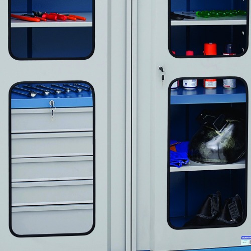 Armrio para ferramentas com 3 prateleiras 5 gavetas e portas de vidro - AM-14