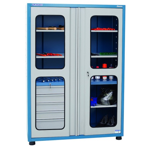 Armrio para ferramentas com 3 prateleiras 5 gavetas e portas de vidro - AM-14