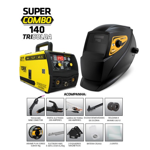 Combo Inversora de solda Mig sem g�s Multiprocesso 140A KAB 140 Trisolda + M�scara e Acess�rios  220V