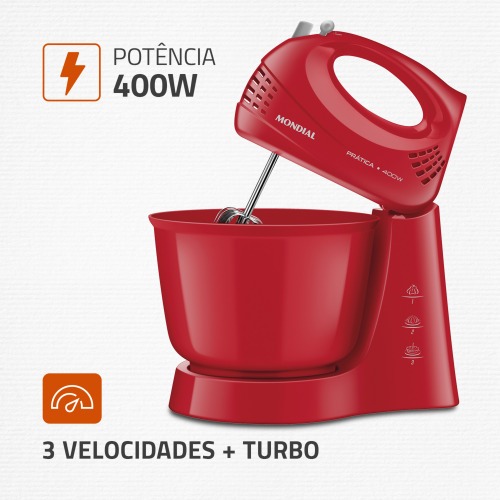 Batedeira 400 watts 3 velocidades vermelha Pr�tica - B-44-R  220V