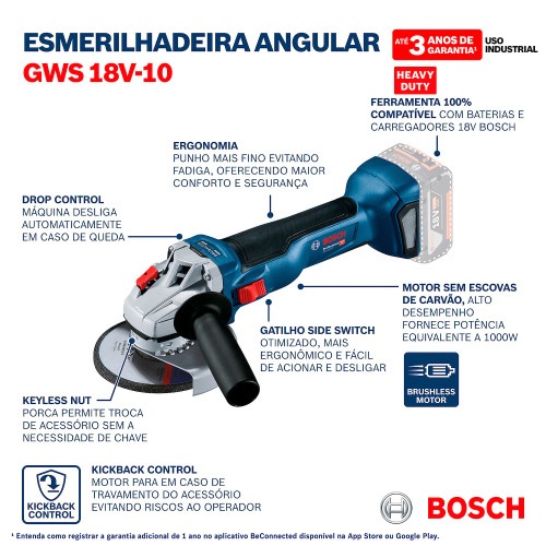 Esmerilhadeira angular a bateria 18V Brushless Sem bateria - GWS 18V-10