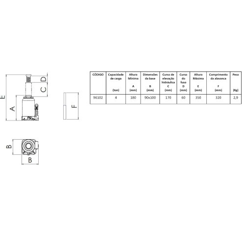 Macaco hidrulico tipo garrafa 4 toneladas - 96102