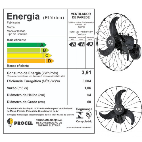 Ventilador de parede 60 cm oscilante preto  - V60P  110V/220V