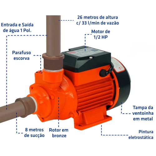 Motobomba periférica 1/2 hp monofásica - BP500 220V Motobomba periférica 1/2 hp monofásica - BP500 220V