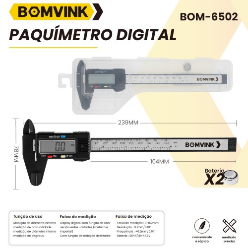Paqu�metro digital capacidade de 150 mm leitura de 0,01 mm - BOM-6502